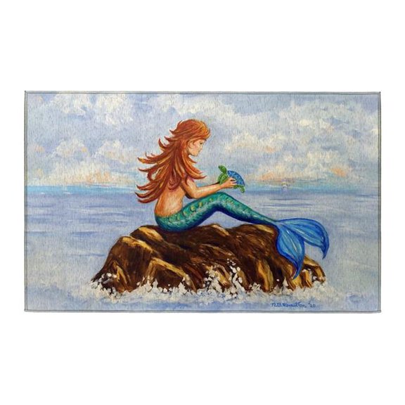 Betsy Drake Interiors DR1490 Mermaid & Sea Turtle Indoor Dornier Area Rug 20x32