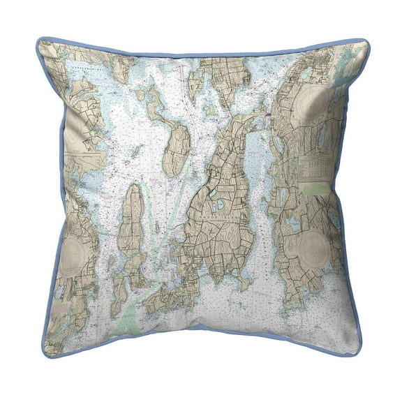 Betsy Drake Interiors Narragansett Bay, RI Nautical Map Extra Large Zippered Indoor/Outdoor Pillow 20x24