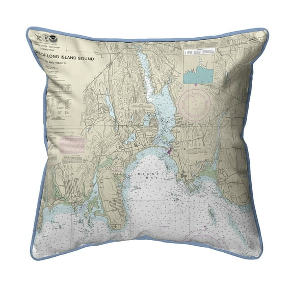 Betsy Drake Interiors North Shore Long Island to Niantic Bay, CT Nautical Map Large Corded Indoor/Outdoor Pillow 18x18