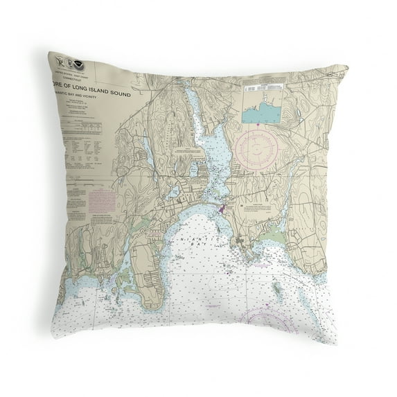 Betsy Drake Interiors North Shore Long Island to Niantic Bay, CT Nautical Map Noncorded Indoor/Outdoor Pillow 12x12