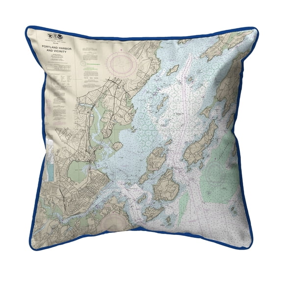 Betsy Drake Interiors Portland Harbor and Vacinity, ME Nautical Map Large Corded Indoor/Outdoor Pillow 18x18