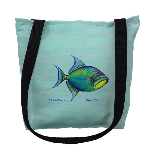 Betsy Drake TY114CS 13 x 13 in. Trigger Fish on Aqua Small Tote Bag