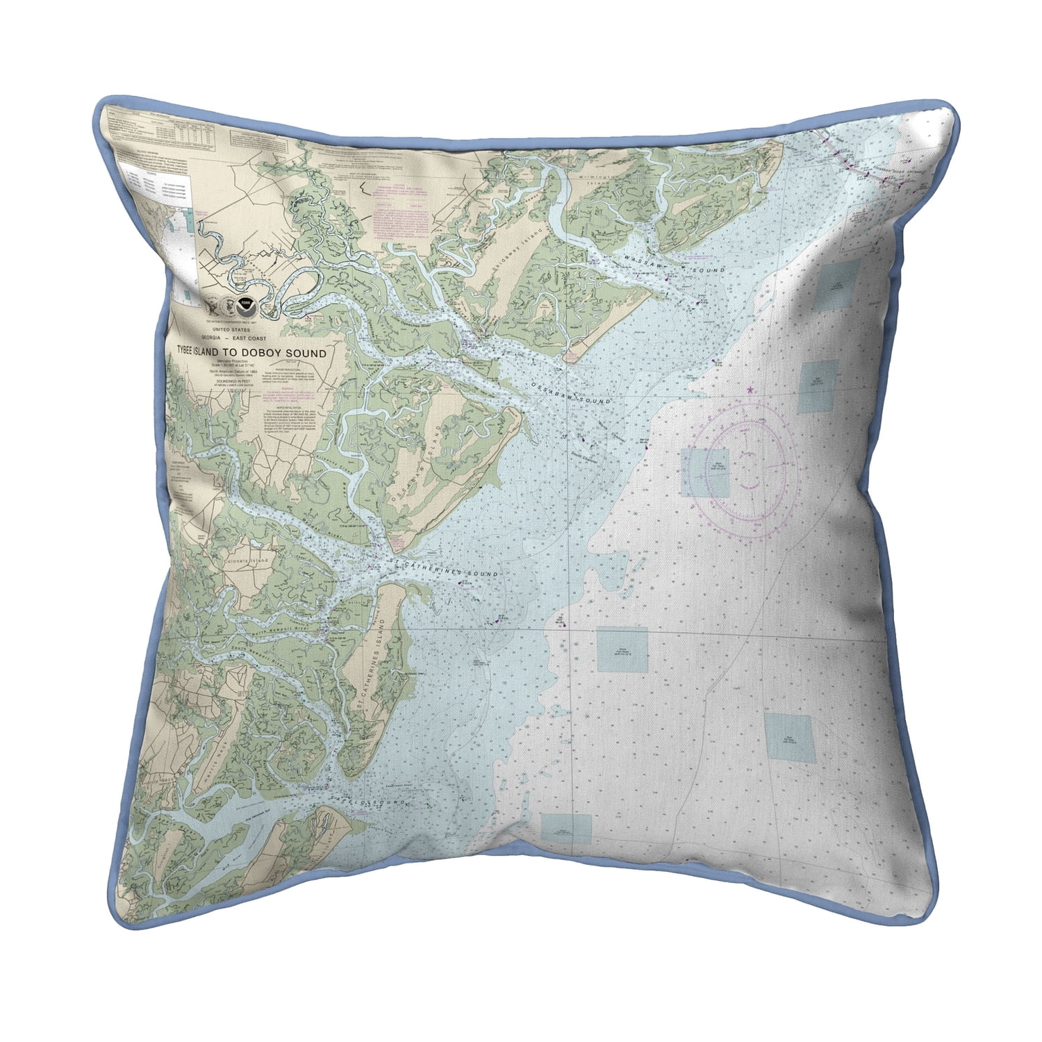 Betsy Drake Interiors Tybee Island to Doboy Sound, GA Nautical Map Large Corded Indoor/Outdoor Pillow 18x18