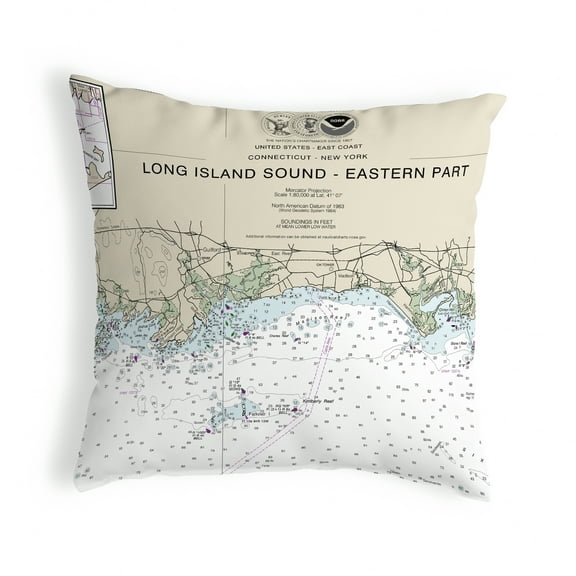 Betsy Drake NC12354MA 18 x 18 in. Long Island Sound - Eastern Part Detail, NY Nautical Map Noncorded Indoor & Outdoor Pillow