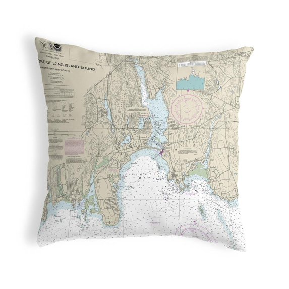 Betsy Drake Interiors North Shore Long Island to Niantic Bay, CT Nautical Map Noncorded Indoor/Outdoor Pillow 18x18