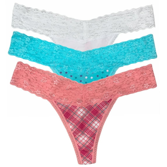 Betsy Johnson Women's Thong Panties 3 Pack Classic Lace Thong Panty Underwear, PLDDOTWHT, M