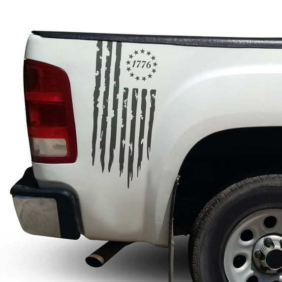 Betsy Ross Flag 1776 Distressed American USA US Flag Rear Truck Bed Vinyl Decal Sticker fits Most Pickup Trucks 13 Stars EUA Flag Rear Graphic Founding Fathers Flag (11" x 25", Dark Gray)