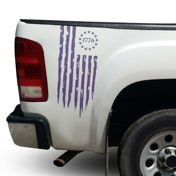 Betsy Ross Flag 1776 Distressed American USA US Flag Rear Truck Bed Vinyl Decal Sticker fits Most Pickup Trucks 13 Stars EUA Flag Rear Graphic Founding Fathers Flag (11" x 25", Lavender)