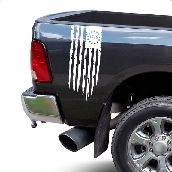 Betsy Ross Flag 1776 Distressed American USA US Flag Rear Truck Bed Vinyl Decal Sticker fits Most Pickup Trucks EUA Flag Rear Graphic Founding Fathers Flag 13 Stars (11" x 25", Matte White)