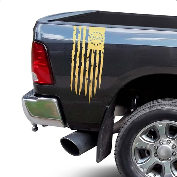Betsy Ross Flag 1776 Distressed American USA US Flag Rear Truck Bed Vinyl Decal Sticker fits Most Pickup Trucks EUA Flag Rear Graphic Founding Fathers Flag 13 Stars (11" x 25", Gold (Metallic))
