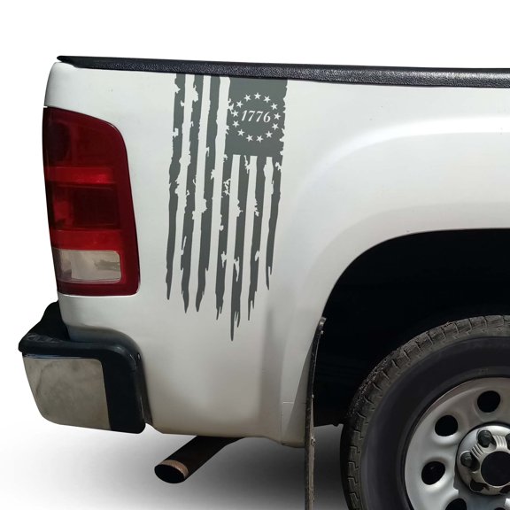 Betsy Ross Flag 1776 Distressed American USA US Flag Rear Truck Bed Vinyl Decal Sticker fits Most Pickup Trucks EUA Flag Rear Graphic Founding Fathers Flag 13 Stars (11" x 25", Gray)