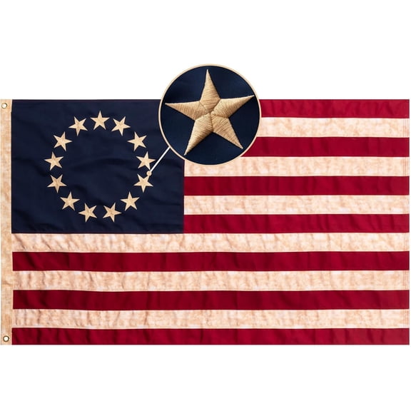 Betsy Ross Flag 3x5 Feet Tea-Stained Vintage American Flags for 250th Anniversary Heavy Duty Outdoor Embroidered 13 Star Colonies Banner for Outside