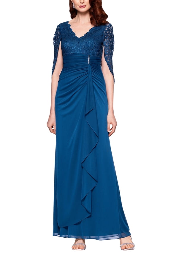 Betsy and Adam Carmyn V-Neckline Three-Quarter Lace Side Ruche Long Gown Dress Color: PEACOCK, Size: 4