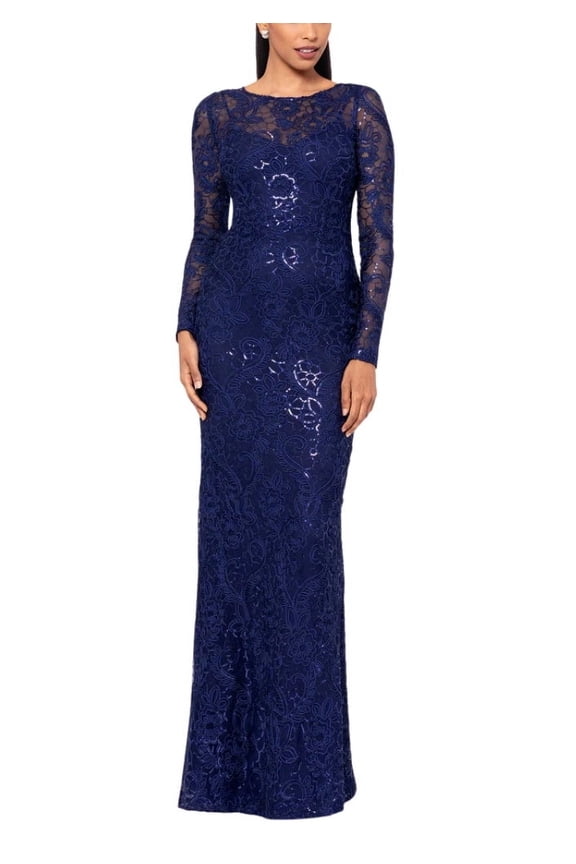 Betsy and Adam Cecelia Bateau Neckline Long Sleeves Intricate Lace Overlay Back Zipper Closure Modern Fit Gown Dress Color: NAVY, Size: 14