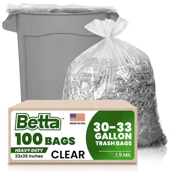 Betta 30-33 Gallon Clear Trash Bags, 100 Count Box, (33x39-inch) Commercial Heavy-Duty Garbage Can Liners