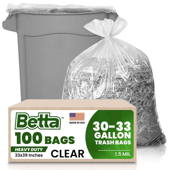 Betta 30-33 Gallon Clear Trash Bags, 100 Count Box, (33x39-inch) Commercial Heavy-Duty Garbage Can Liners