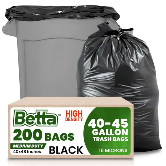 Betta 40-45 Gallon Black High-Density Trash Bags, 200 Count Box, (40x48-inch) Commercial Medium-Duty Garbage Can Liners