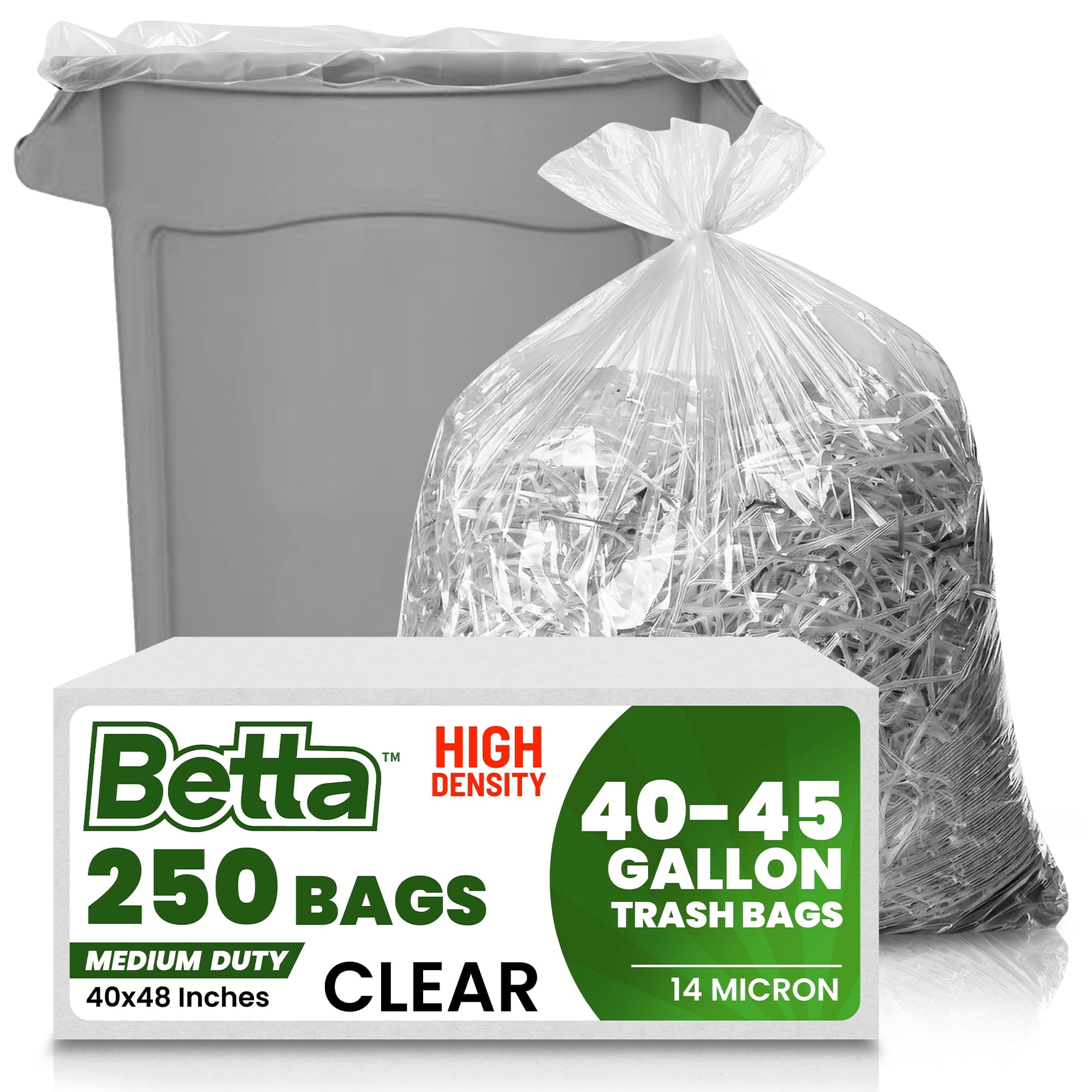 Betta 40-45 Gallon Clear High-Density Trash Bags, 250 Count Box, (40x48-inch) Commercial Medium-Duty Garbage Can Liners