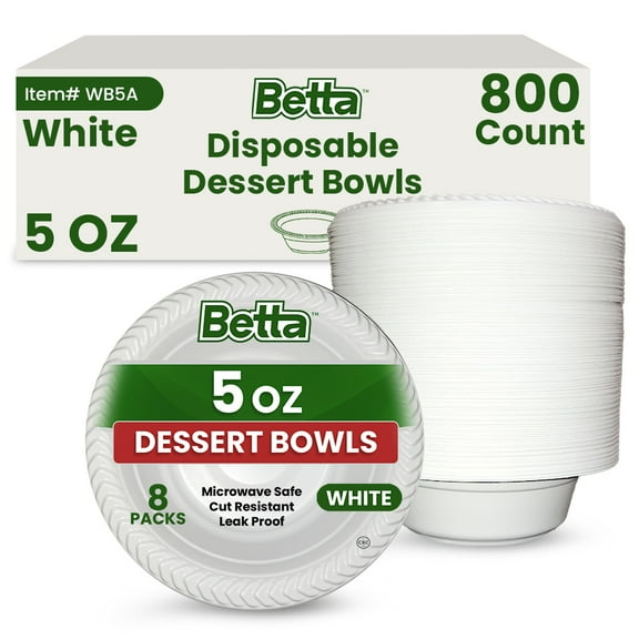 Betta 5 Oz Disposable Plastic Small Dessert Bowls, White, 800 Count, Bulk Case, Microwave Safe (8 Pack Per Box x100)