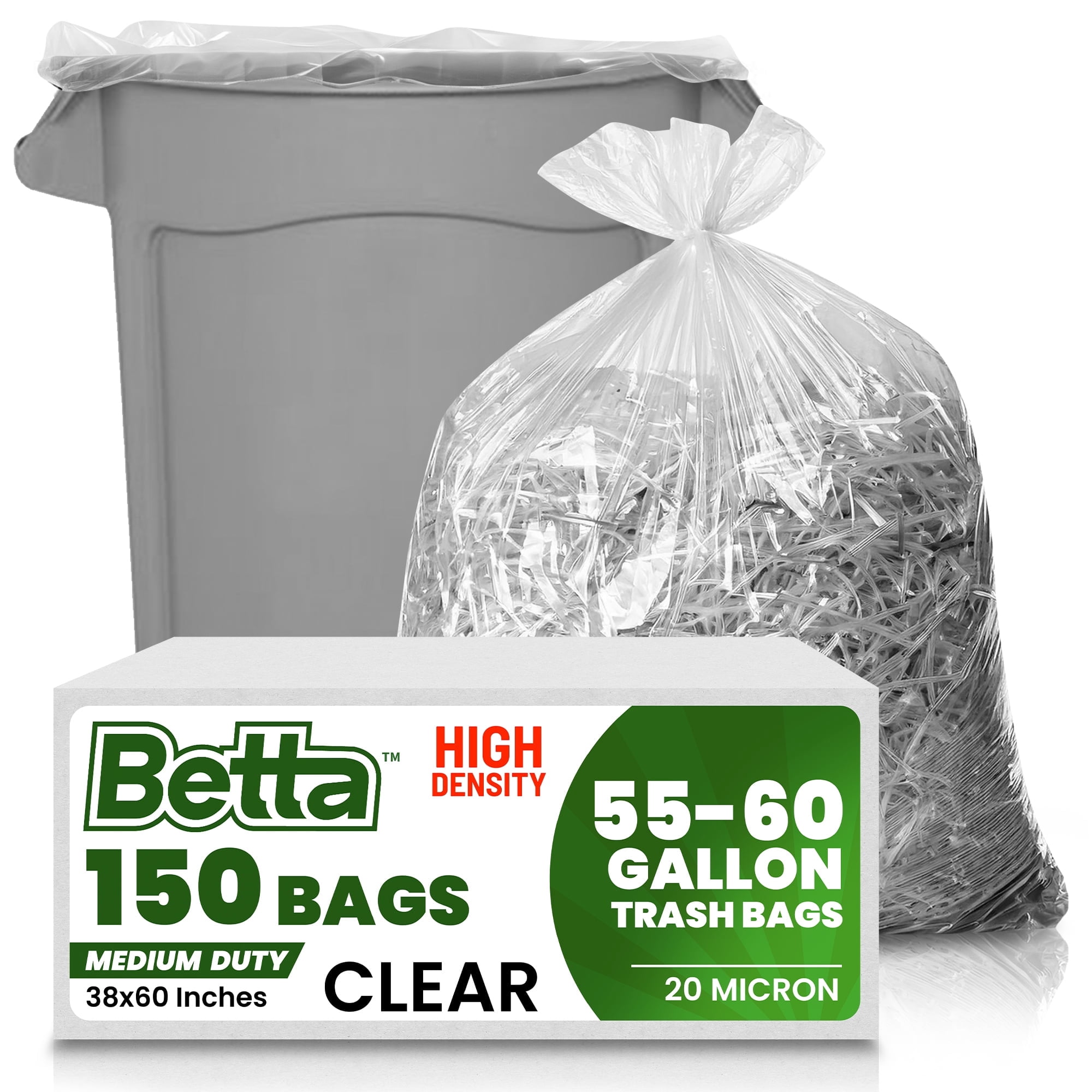 Betta 55-60 Gallon Clear High-Density Trash Bags, 150 Count Box, (38x60-inch) Commercial Medium-Duty Garbage Can Liners