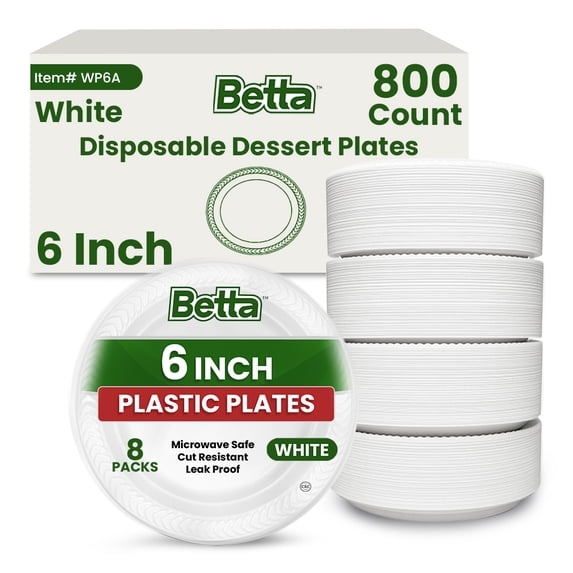 Betta 6-Inch Disposable Plastic Dessert Plates, White, 800 Count, Bulk Case, Microwave Safe (8 Pack Per Box x100)