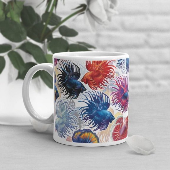Betta Fish Coffee Mug, Cute Siamese Fighting Fish Gift, Betta Lover, Beta Fish Cup, Gift Her, Him, Pet, Hamoon Crowntail Red Pink Blue.