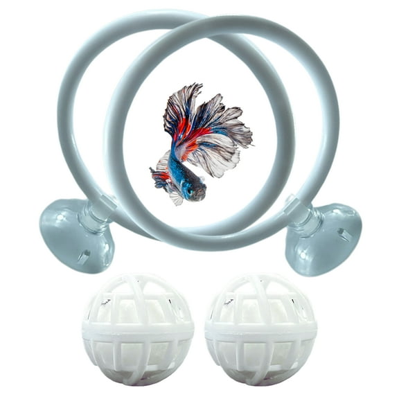 Betta Fish Exercise Ring and Filter Balls Set, Floating Training Ring with Suction Cup and Nitrifying Balls, Betta Enrichment Toy for Aquarium Fish Tank (White, M)