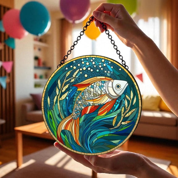 Betta Fish Glass Suncatcher, Flowing Water Ocean Art, Colorful Aquarium Home Decor, 3.5 in