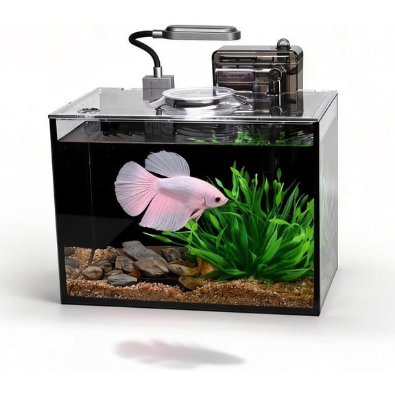 Betta Fish Tank,Aquarium Starter kit, Fish Tank Kit,Small Aquarium,Small Fish Tank,Ultra-Clear Nano Aquarium with Light,Filter,Cobblestone,Sand and Artificial Plants