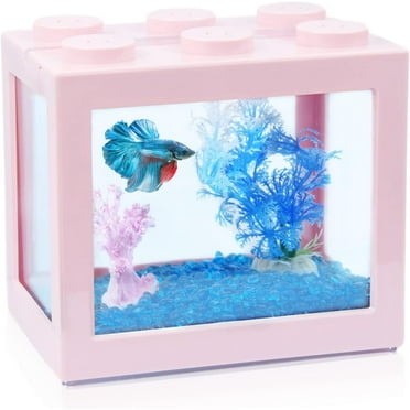 Betta Fish Tanks, Aquarium Tanks, Stackable Mini Fish Tank Aquarium Tank Kit, 3/5 Gallon Rectangular Fish Bowl with Aquarium Gravel Decoration, Cube Tank for Seaweed Balls Sea Monkeys, Pink