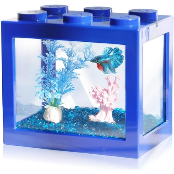 Betta Fish Tanks, Aquarium Tanks, Stackable Mini Fish Tank Aquarium Tank Kit, 3/5 Gallon Rectangular Fish Bowl with Aquarium Gravel Decoration, Cube Tank for Seaweed Balls Sea Monkeys, Blue