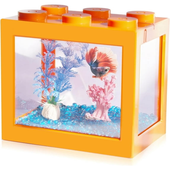 Betta Fish Tanks, Aquarium Tanks, Stackable Mini Fish Tank Aquarium Tank Kit, 3/5 Gallon Rectangular Fish Bowl with Aquarium Gravel Decoration, Cube Tank for Seaweed Balls Sea Monkeys, Orange