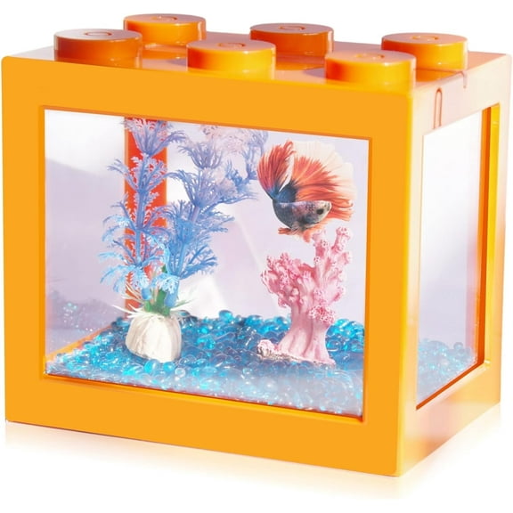 Betta Fish Tanks, Aquarium Tanks, Stackable Mini Fish Tank Aquarium Tank Kit, 3/5 Gallon Rectangular Fish Bowl with Aquarium Gravel Decoration, Cube Tank for Seaweed Balls Sea Monkeys, Orange