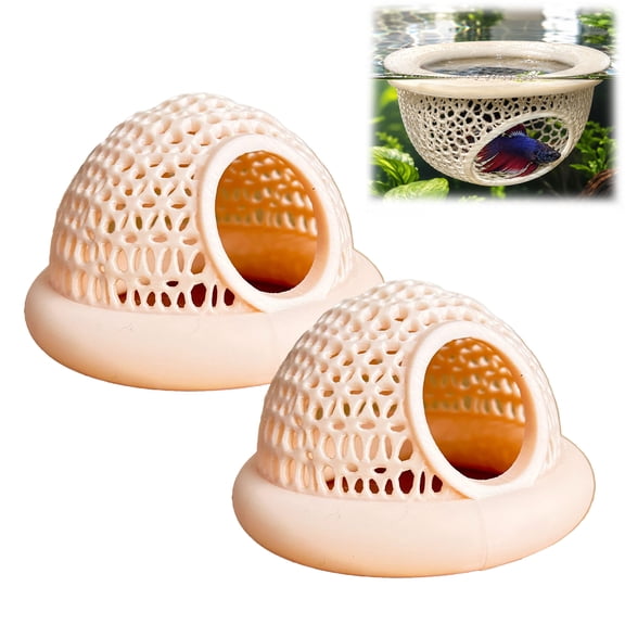 Betta Hammock, Betta Fish Hideout Cave with Feeding Ring, Floating Aquarium Decor, 3D Printed Resting Shelter for Small Fish (Beige, 2PCS)