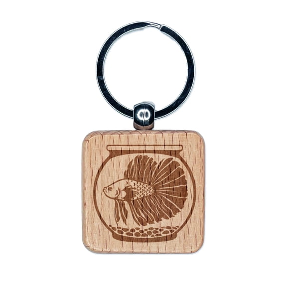 Betta in Fish Bowl Aquarium Square Keychain Charm Tag - Engraved Wood