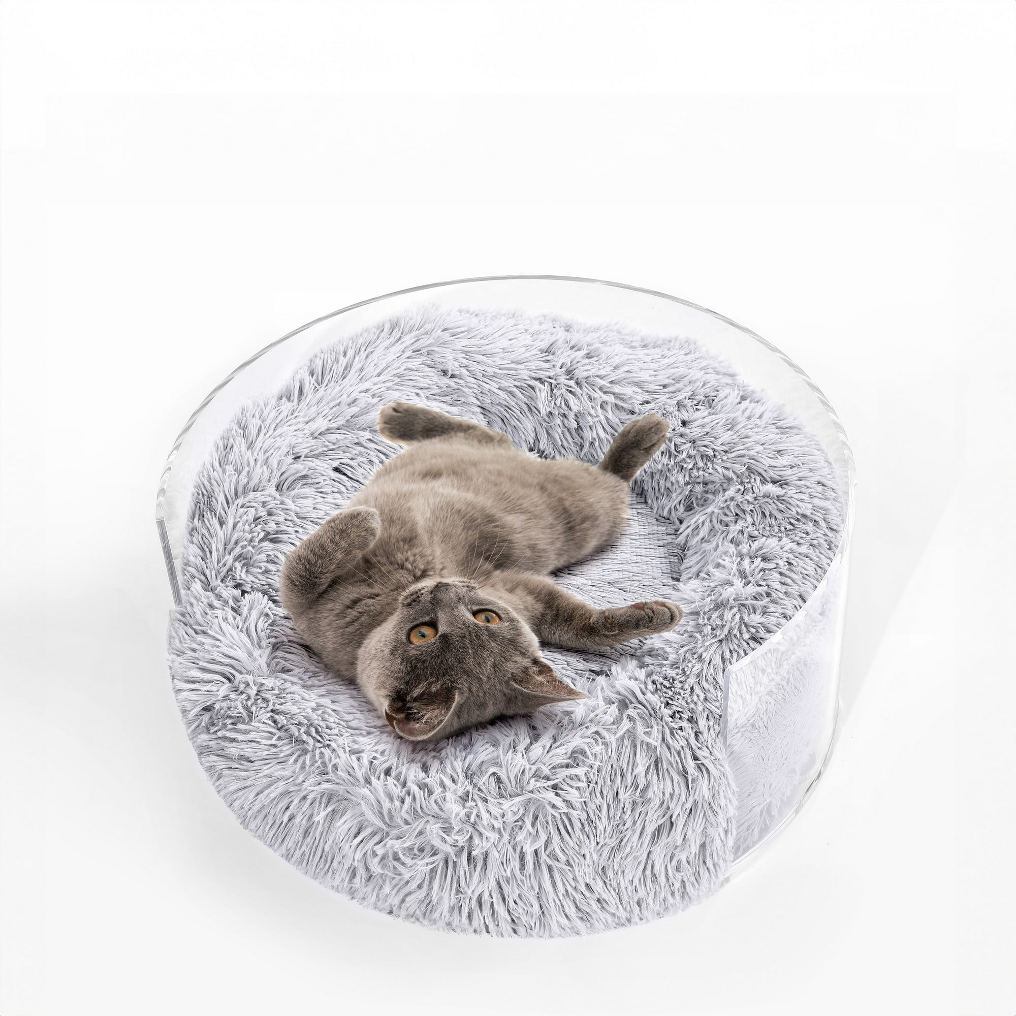 Light Gray Clear Acrylic Elevated Plush Pet Bed for Large Breeds