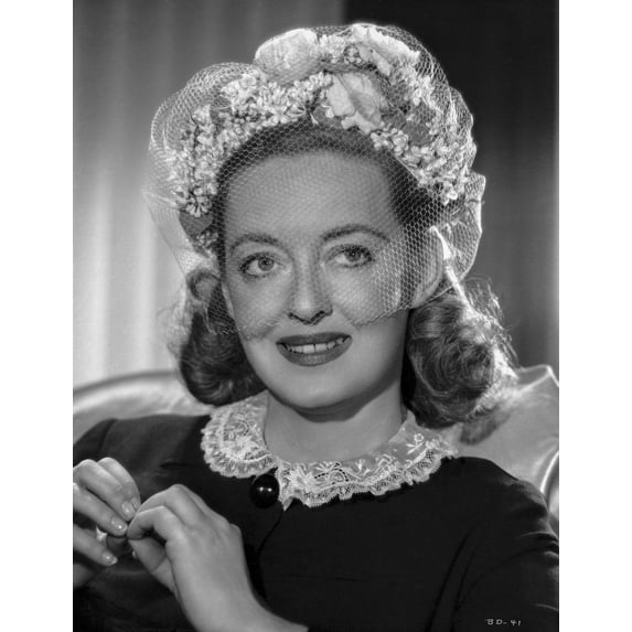 Bette Davis Portrait Hands Together in White Lace Collar Black Long Sleeves and White Linen Veil Headband Photo Print (24 x 30)
