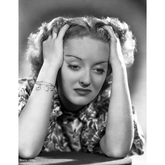 Bette Davis Portrait Hands on the Forehead Looking Down the Table in Floral Silk Shirt Photo Print (24 x 30)