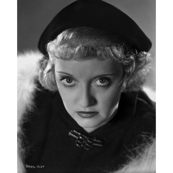 Bette Davis Portrait Serious Look in Black Flat Wool and Black Collar Dress with White Fur Pelt Boa Photo Print (24 x 30)