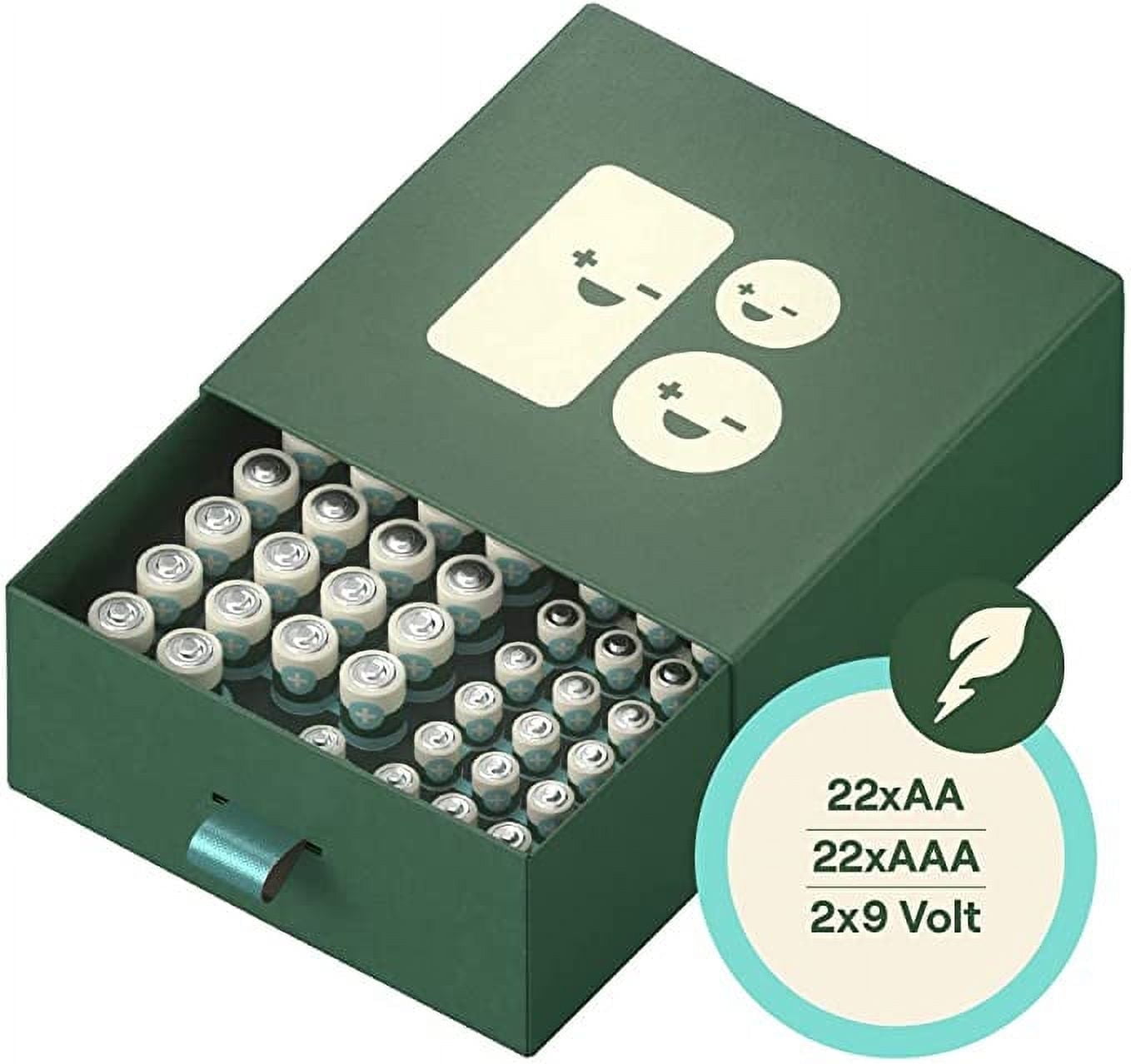Better Battery Variety Pack 22- AAA + 22- AA + 2- 9V Batteries - Zero Waste, High Performance batteries with a built in Recycling Program!