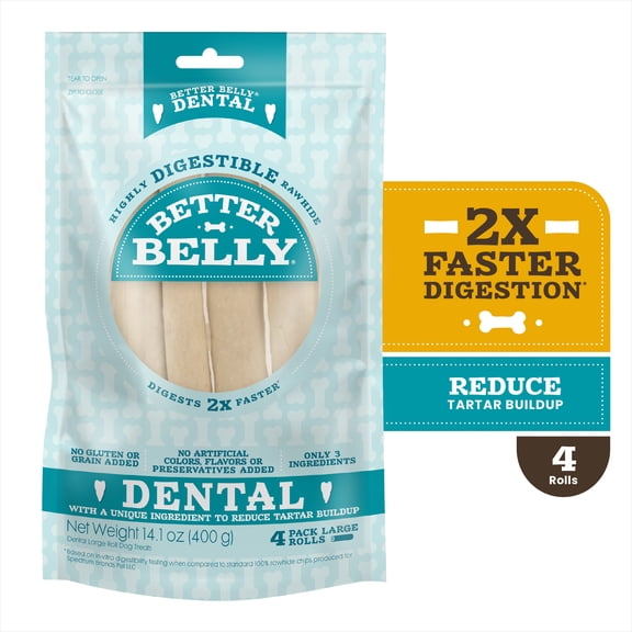 Better Belly Dental Large Rolls Chew, Highly Digestible Dog Treat, Reduces Tartar Buildup, 4 Count