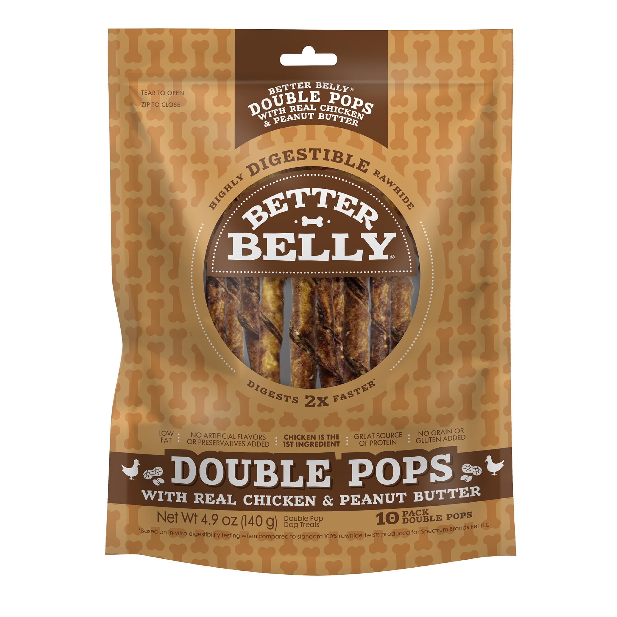 Better Belly Double Pops with Real Chicken and Peanut Butter, Highly Digestible Rawhide, 10 Count