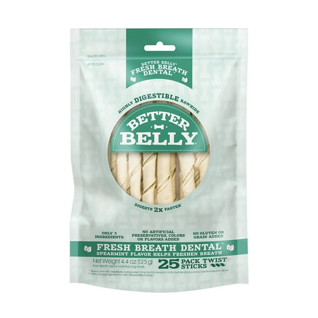 Better Belly Fresh Breath Dental Twist Sticks,Highly Digestible Rawhide for Dogs, 25 Count