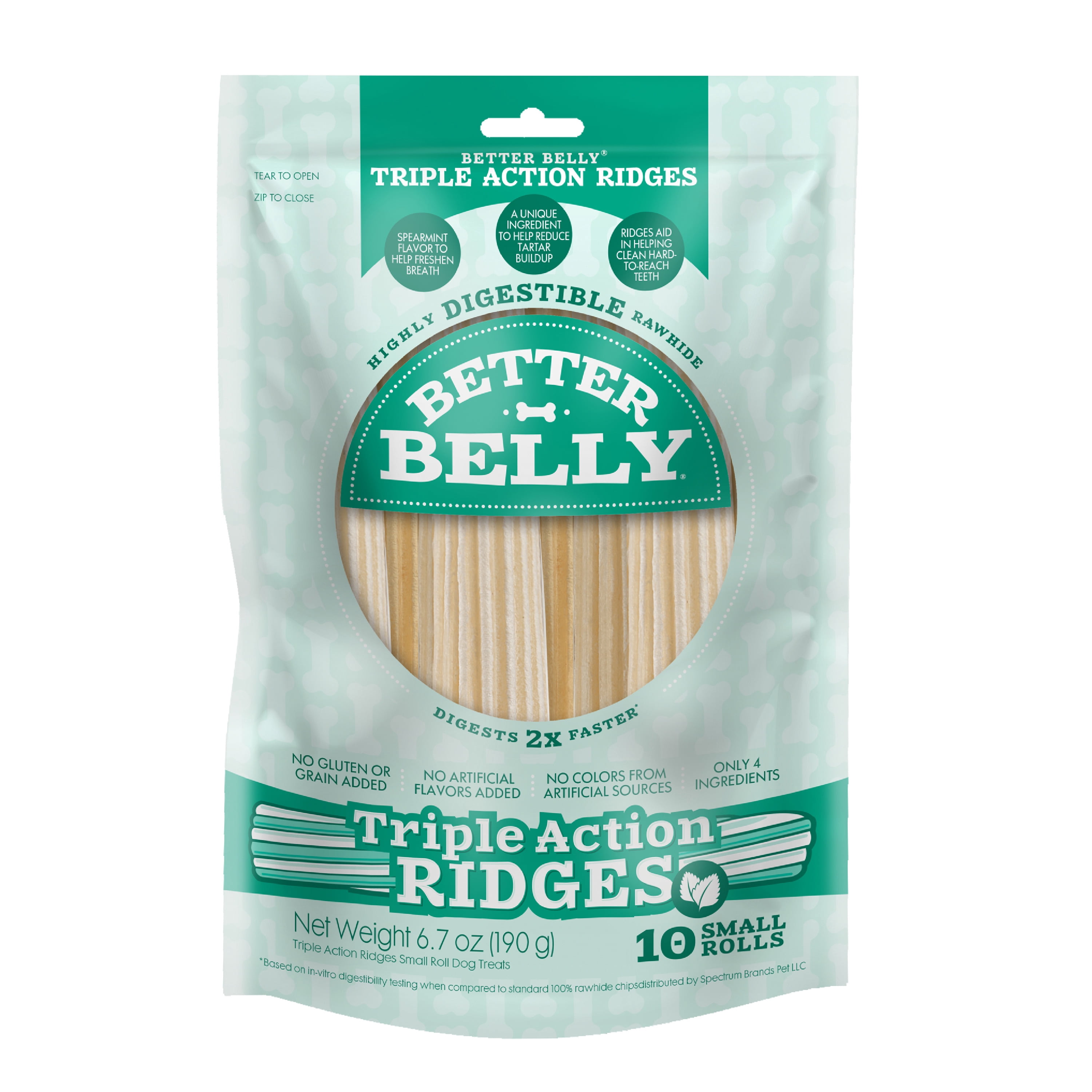 Better Belly Triple Action Ridges Dental Chews Small Rolls, Highly Digestible Rawhide, 10 Count