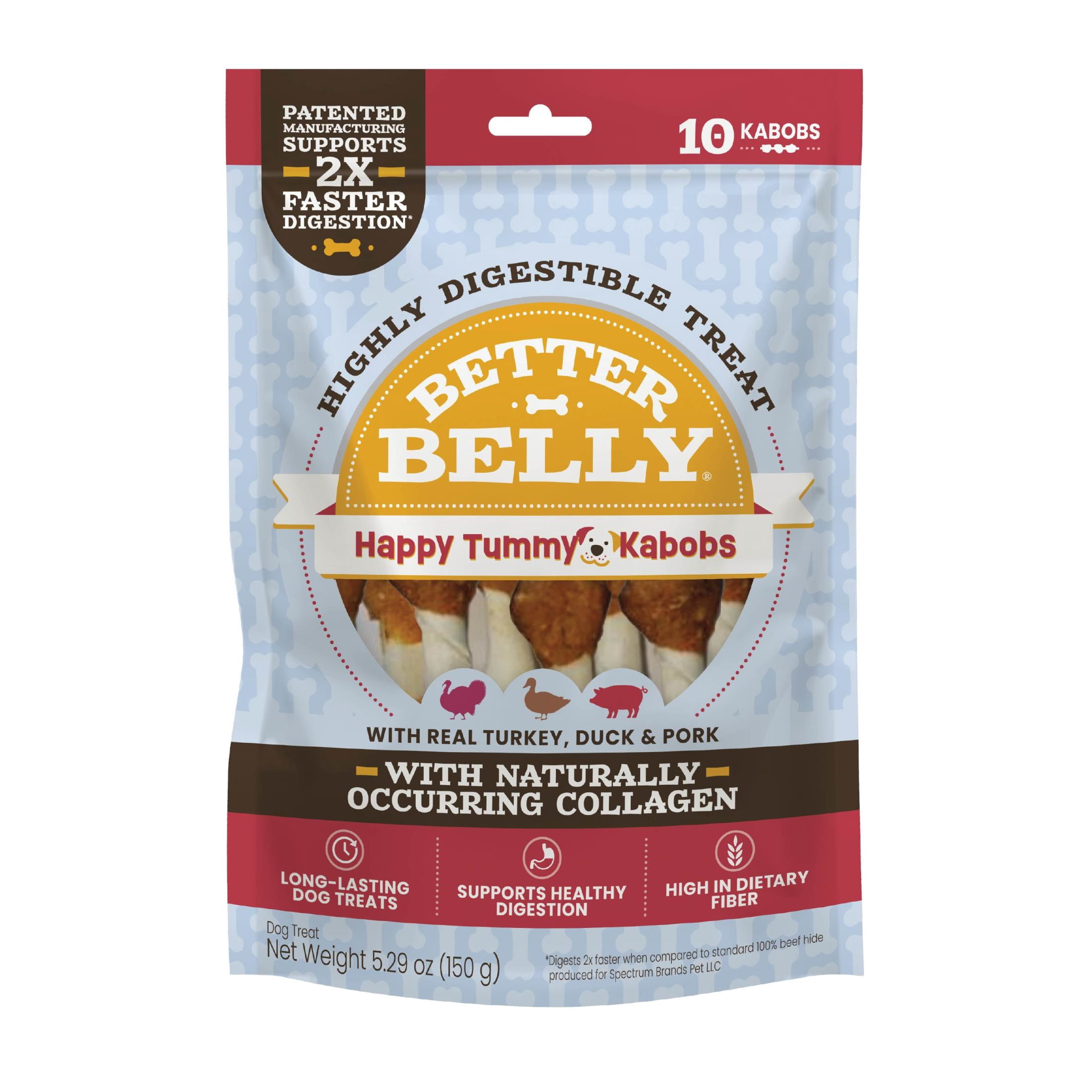 Better Belly Happy Tummy Triple Flavor Kabob Chew Highly Digestible Dog Treat for Sensitive Stomachs, 10 Count