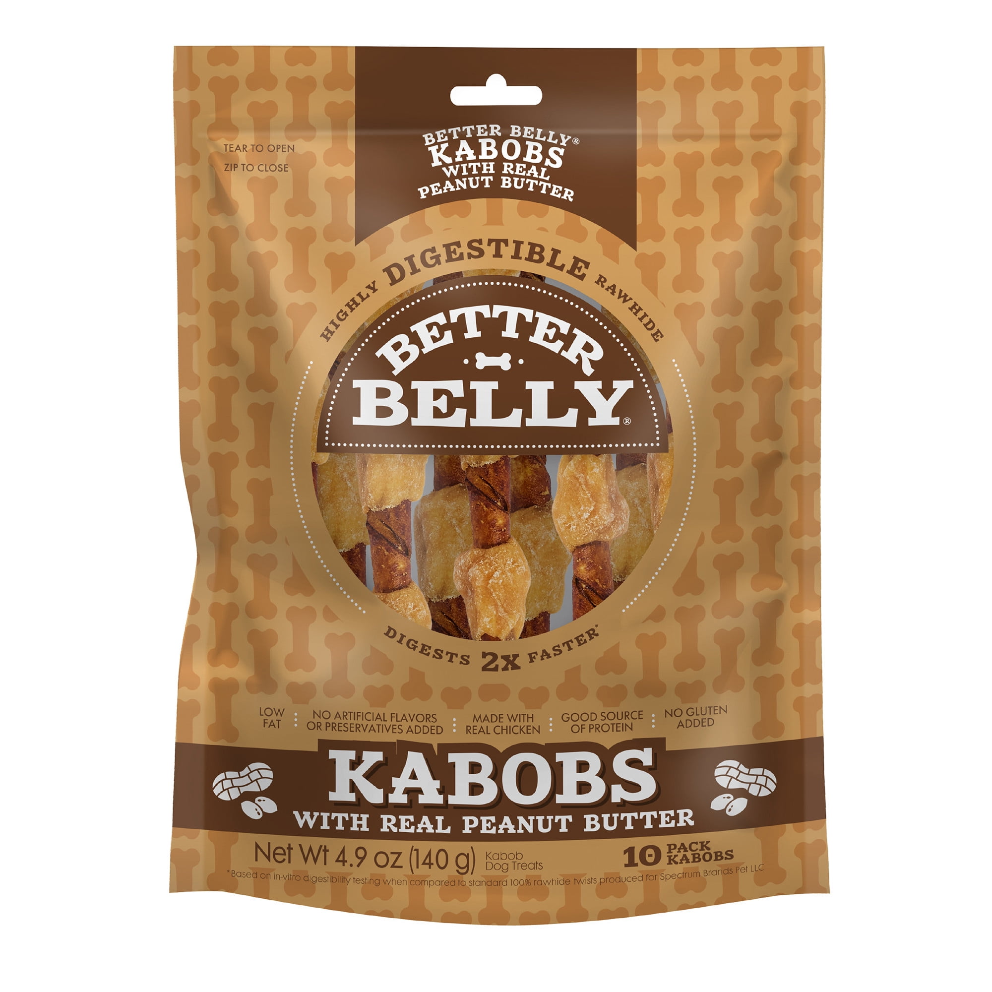 Better Belly Kabobs with Real Peanut Butter, Highly Digestible Rawhide Chews, 10 Count