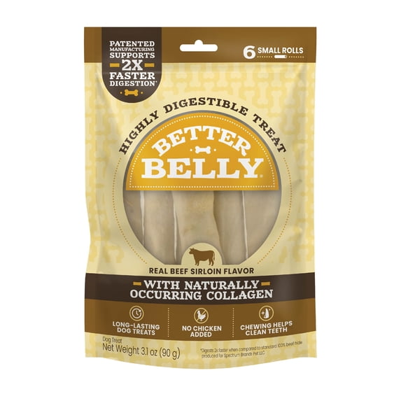 Better Belly Originals Easily Digestible Dog Chews, 6 Count Small Rolls, Real Beef Sirloin Flavor Dog Treats