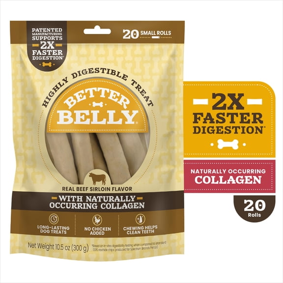 Better Belly Beef Sirloin Small Rolls Chew, Highly Digestible Dog Treat with Collagen, 20 Count