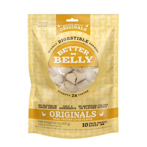 Better Belly Originals Natural Chicken Liver Flavor Small Bones 10 Count, Highly Digestible Rawhide