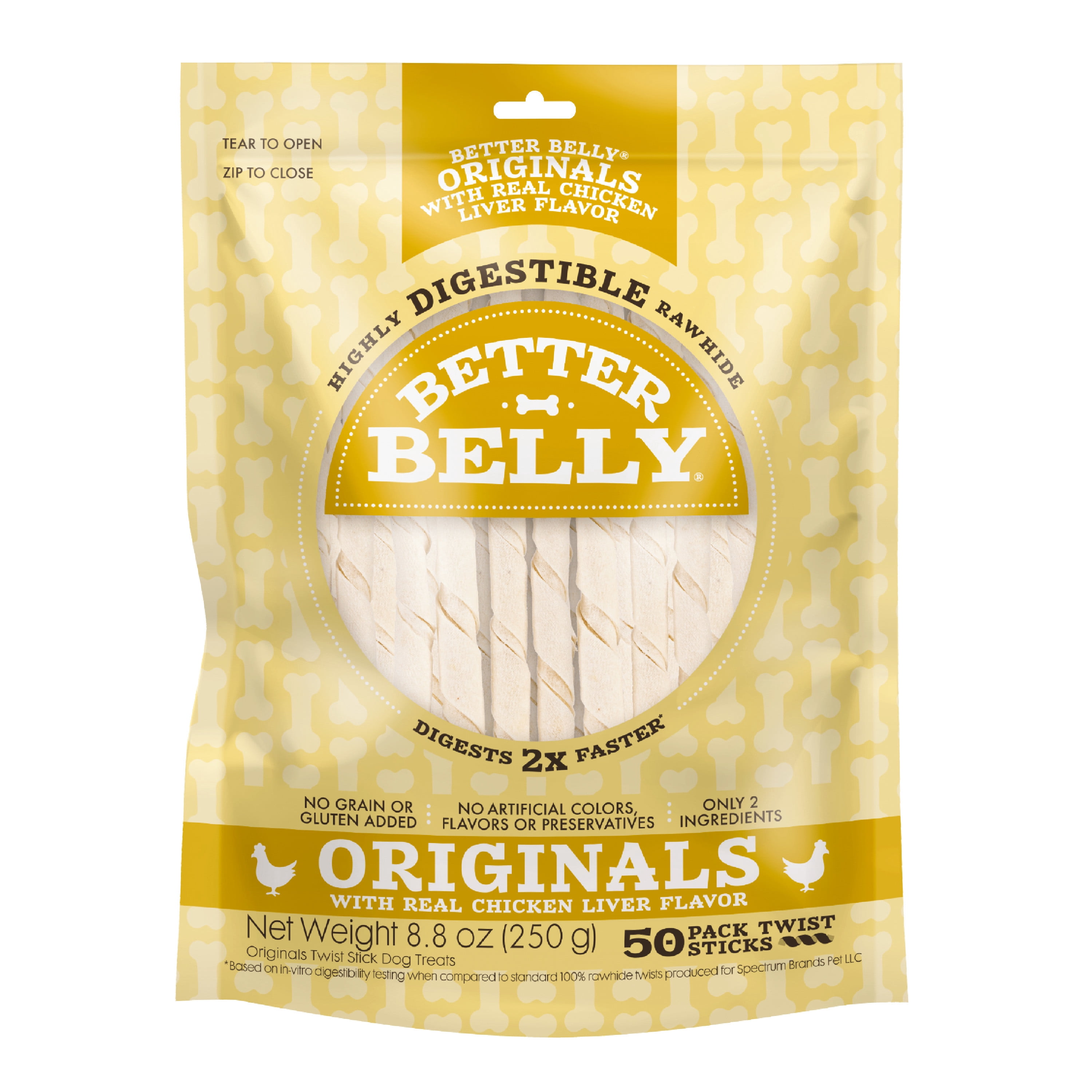 Better Belly Originals Real Chicken Liver Flavor Twist Sticks Chew, Highly Digestible Dog Treat, 50 Count